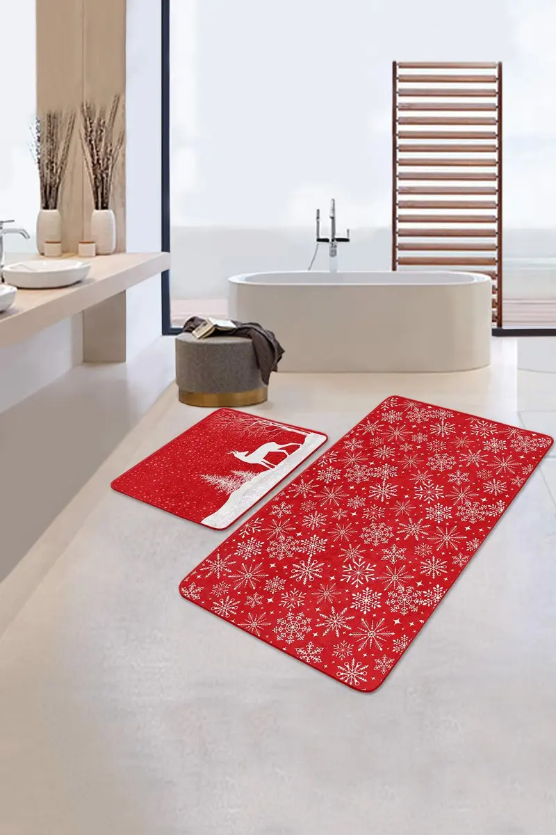 Kırmızı Zemin Yılbaşı Temalı Kar Taneleri 2li Halı Takımı Kaymaz Taban Yıkanabilir