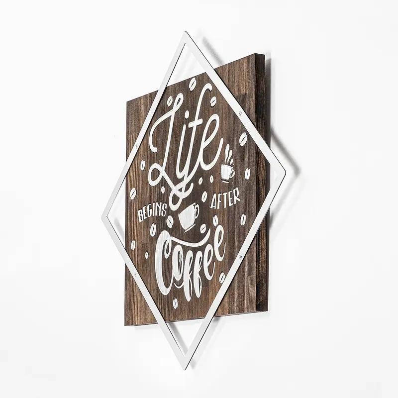 Life Begins After Coffee Yazılı Metal Ahşap Pano - Beyaz