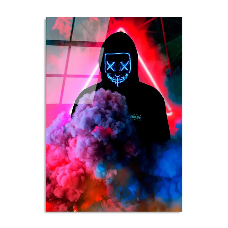 Maskeli Hoodie Figür Duman Cam Tablo - Siyah