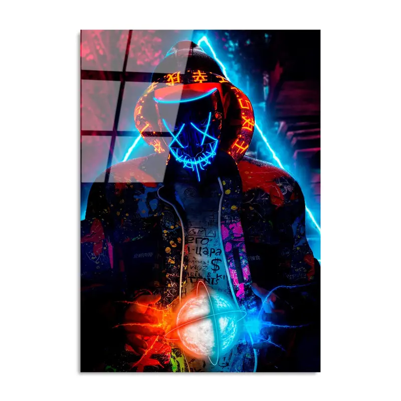 Maskeli Hoodie Figür Mavi Cam Tablo - Çok-Renkli