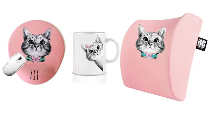Meraklı Kedi Visco Bel Destek Yastığı Mouse pad Kupa 3'lü Set - Pembe