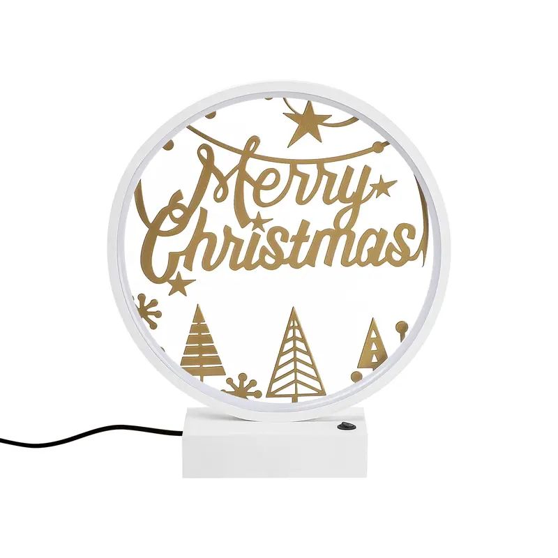 Merry Christmas Ağaçlı Yuvarlak Masa Lambası - Beyaz