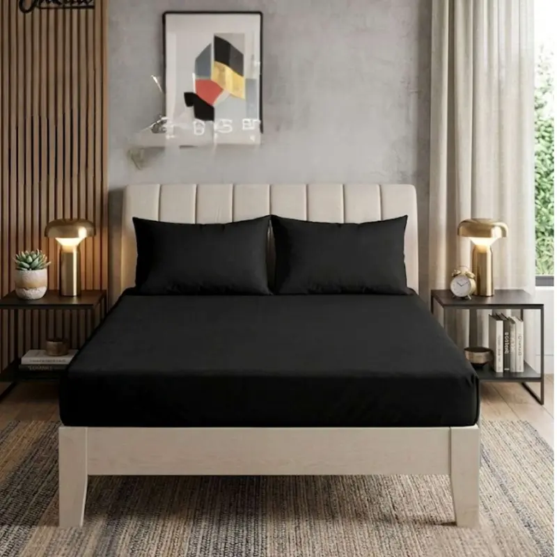 Mikro Saten Lastikli 1.5 Kişilik Çarşaf ve Yastık Kılıfı Siyah