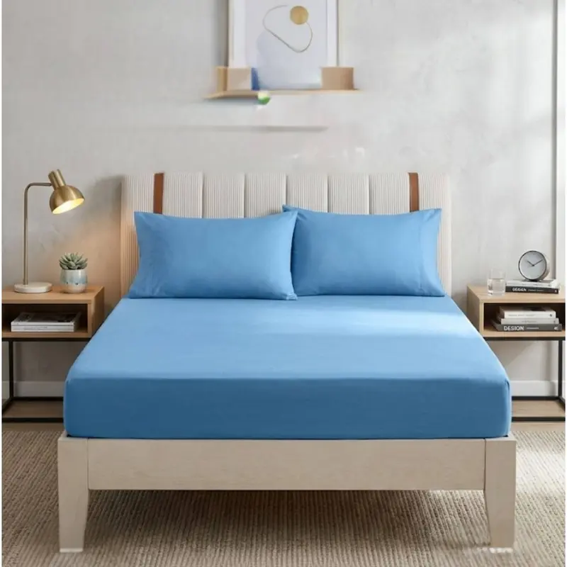 Mikro Saten Lastikli 165*200 cm Çarşaf ve 2 Adet Yastık Mavi