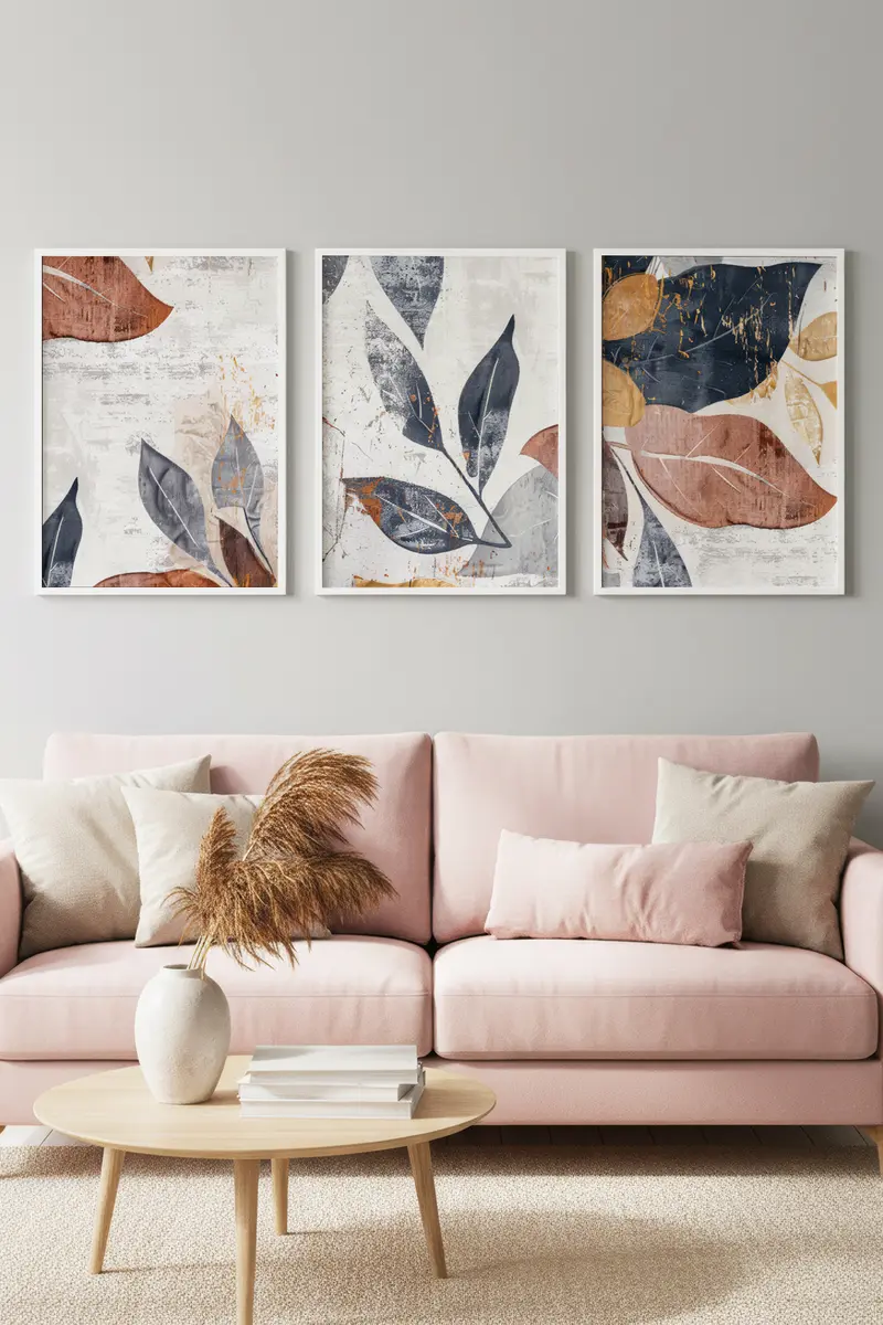 Modern Geometrik Yaprak Desenli Tablo Seti - 3’lü Set | huhu467