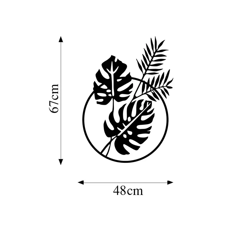 Monstera Yapraklı Daire Metal Duvar Panosu - Siyah