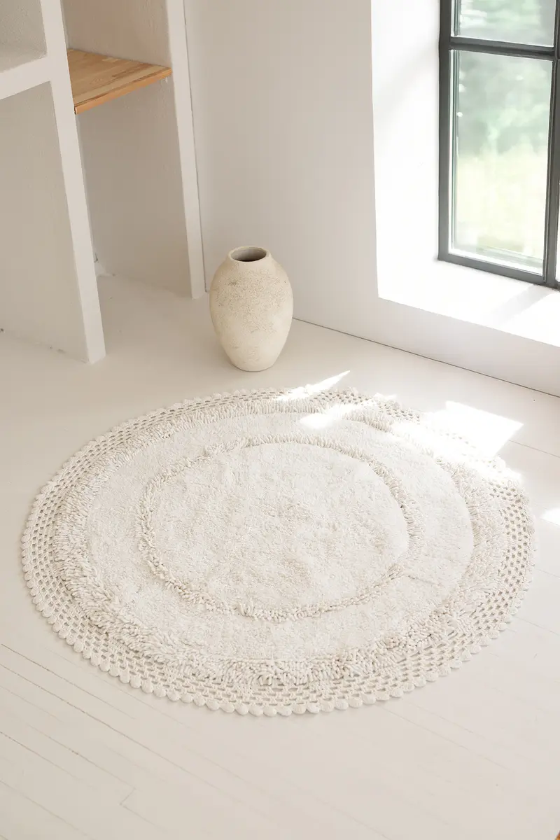 Moon Yuvarlak Banyo Paspası %100 Pamuk 120x120 cm Ekru