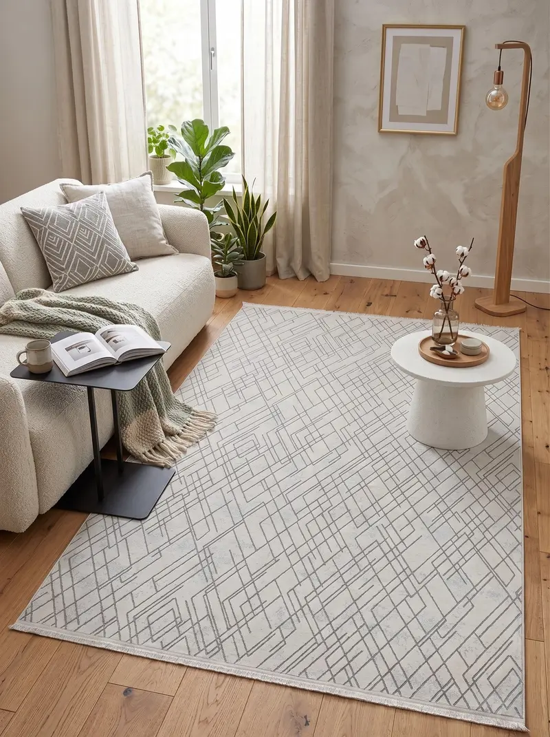 Nadide Serisi 1067 Krem Mikrofiber, Modern Yumuşak ve Antibakteriyel Makine Halısı