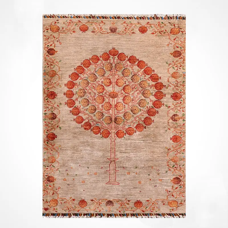 Nar Ağacı Orijinal El Dokuması Bej Kök Boya Yün Halı 104x153 1.59 Metrekare - 3x5 ft