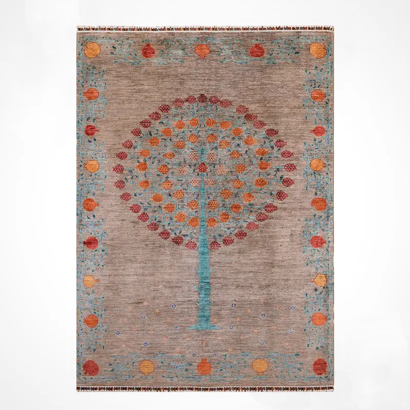 Nar Ağacı Orijinal El Dokuması Bej Kök Boya Yün Halı 165x237 3.91 Metrekare - 5x8 ft