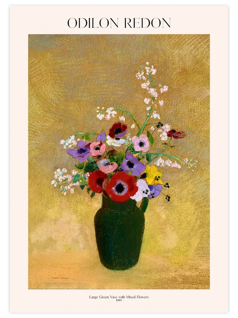 Odilon Redon Large Green Vase with Mixed Flowers - Art Print