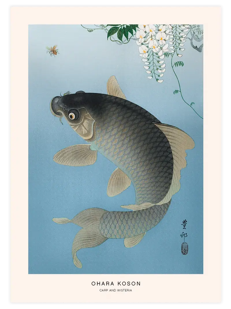 Ohara Koson Carp and Wisteria - Art Print