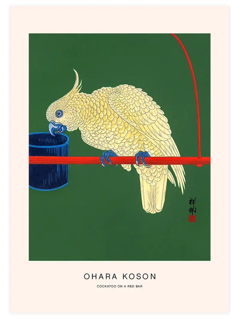 Ohara Koson Cockatoo on a Red Bar - Art Print