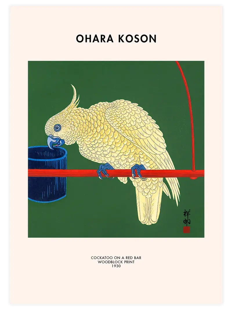Ohara Koson Cockatoo on a Red Bar - Art Print