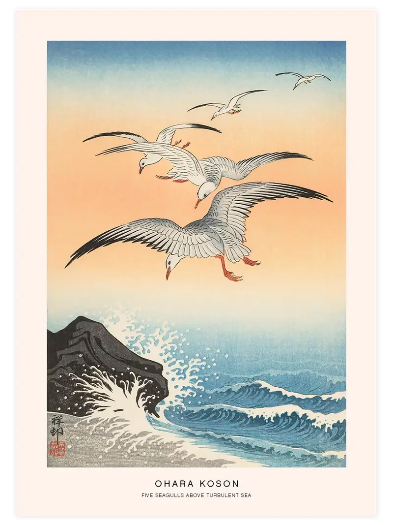 Ohara Koson Five Seagulls Above Turbulent Sea - Art Print