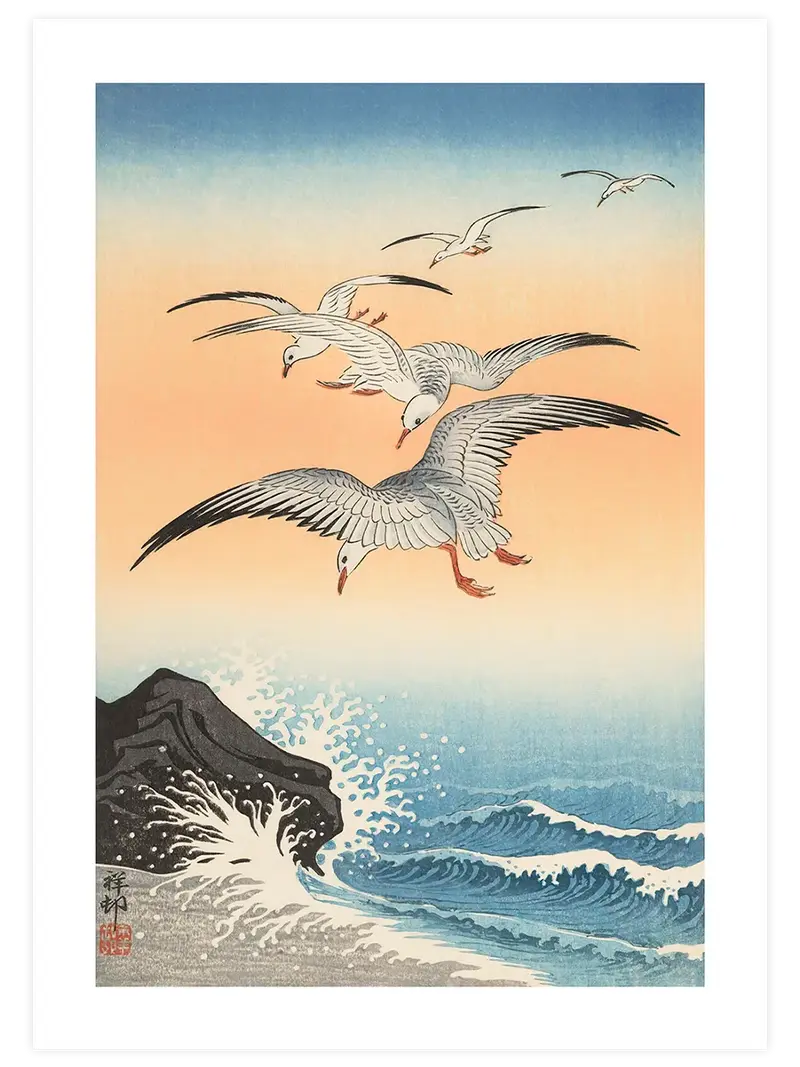Ohara Koson Five Seagulls Above Turbulent Sea - Art Print