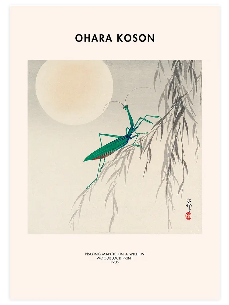 Ohara Koson Praying Mantis on a Willow - Art Print