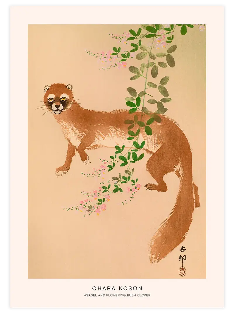 Ohara Koson Weasel and Flowering Bush Clover - Art Print