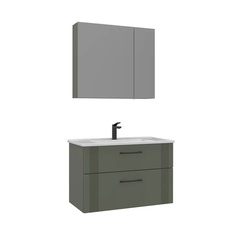 Orka Bari V2 85 cm Çekmeceli Aynalı Dolaplı Banyo Dolabı Takımı | Dolaplı | Mat Yeşil