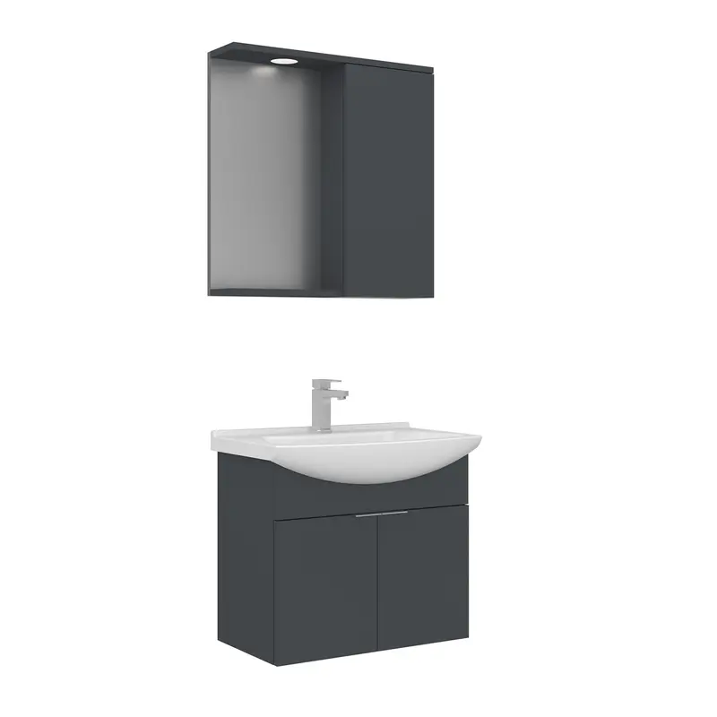 Orka Purus 65 cm Kapaklı Aynalı Dolaplı Banyo Dolabı Takımı | Spot Aynalı | Mat Antrasit