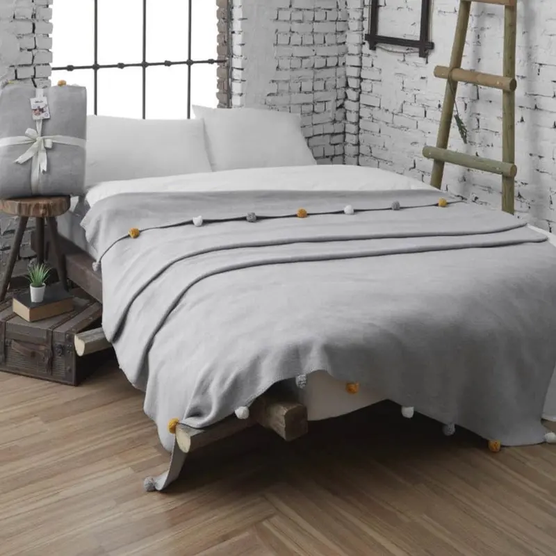 Our House Tek Kişilik Ponponlu Pike Battaniye 150x200 Gri