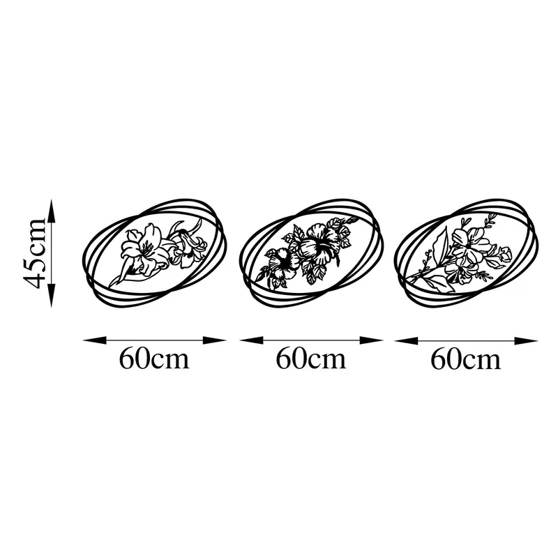 Oval Çerçeveli Çiçek Üçlü Metal Panosu - Siyah