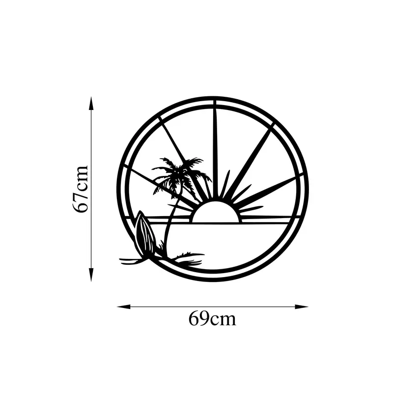 Palmiye Günbatimi Daire Metal Duvar Panosu - Siyah