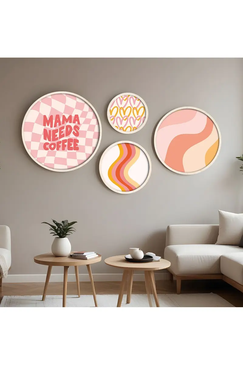Pastel Tonlarda Geometrik Tablo Seti - 4’lü Yuvarlak Set | huhu296