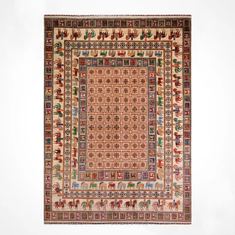 Pazırık Orijinal El Dokuması Bej Kök Boya Yün Halı 242x301 7.28 Metrekare - 8x10 ft