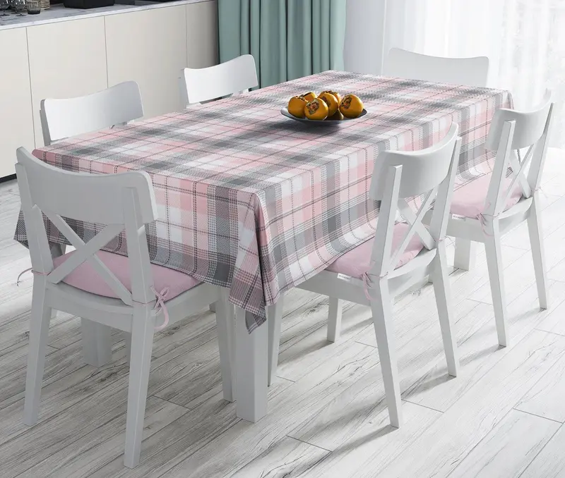 Pembe Gri Ekose Desenli Dekoratif Leke Tutmaz Masa Örtüsü