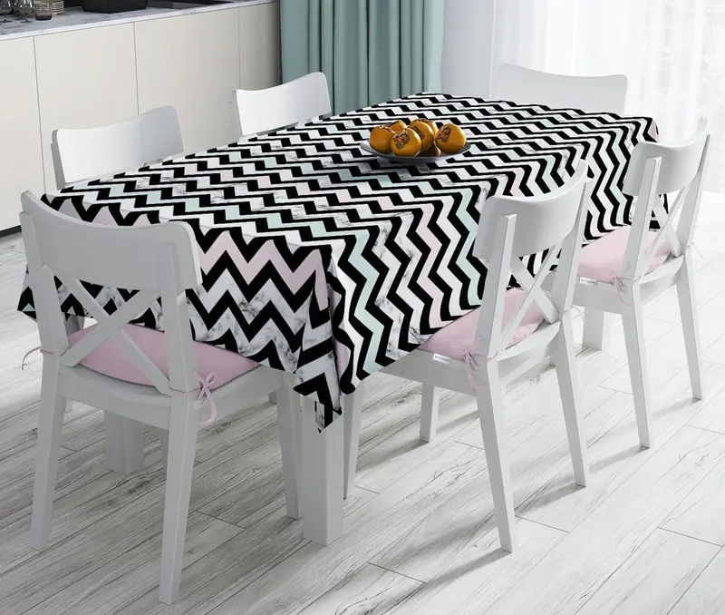 Pembe Mavi Geometrik Mermer Zeminli Dijital Baskılı Leke Tutmaz Masa Örtüsü