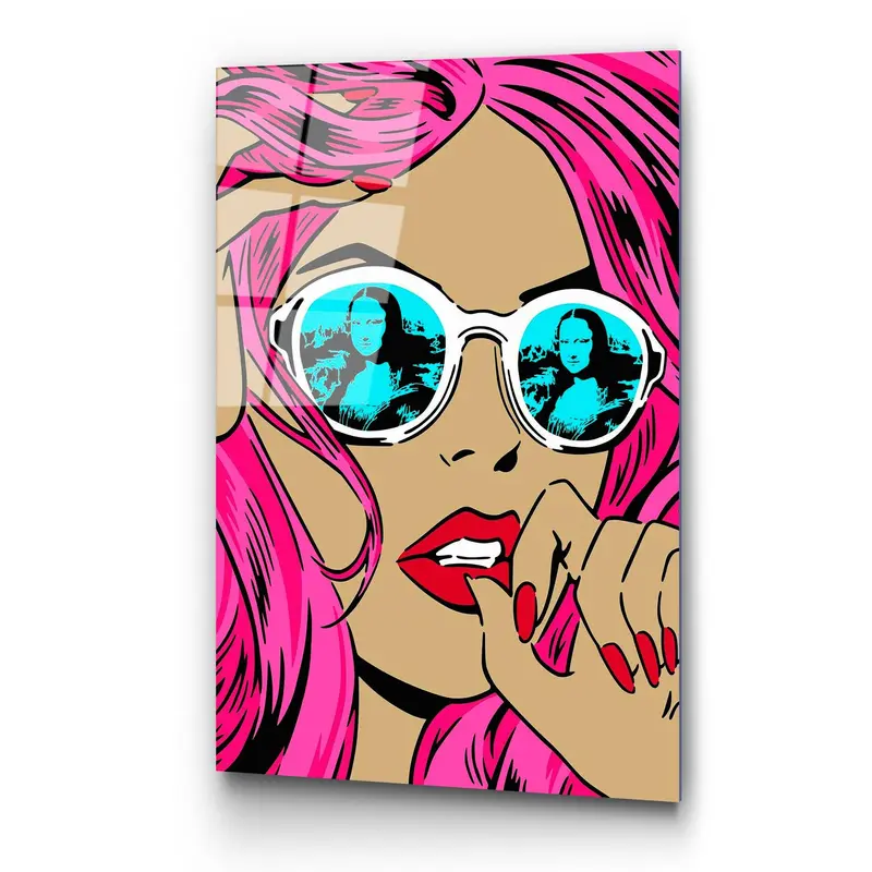 Pembe Saçlı Mona Lisa Kadın Cam Tablo - Pembe
