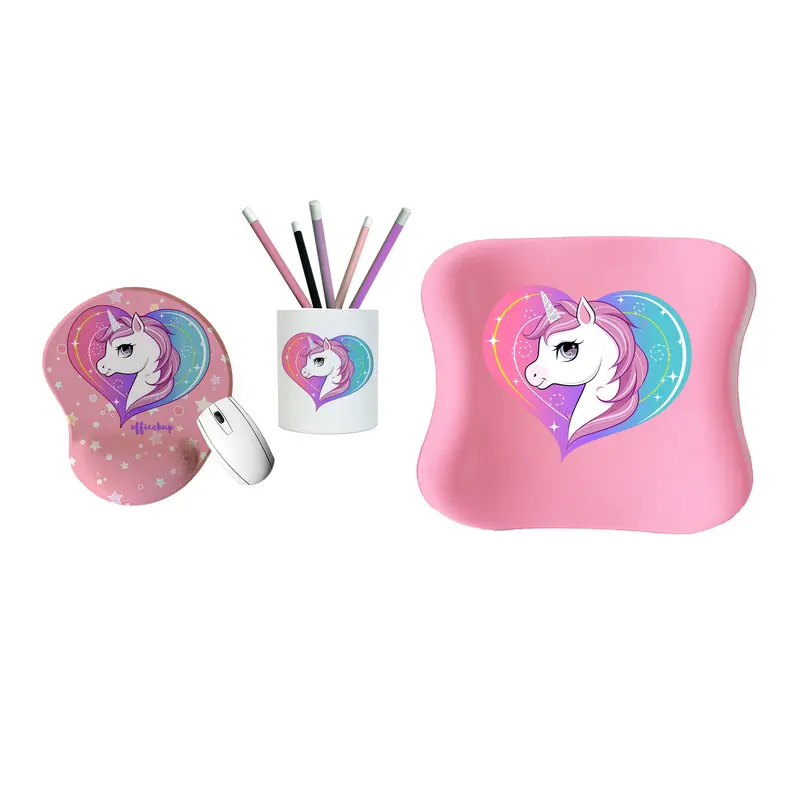 Pembe Unicorn 3lü Set- Visco Bel Yastığı & Bilek Destekli Mouse Pad & Kalemlik