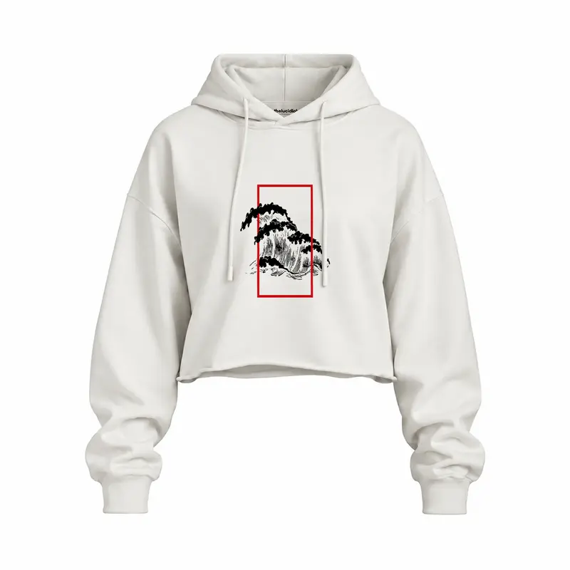 Perspektif Kanagawa Dalgası Oversize Crop Hoodie