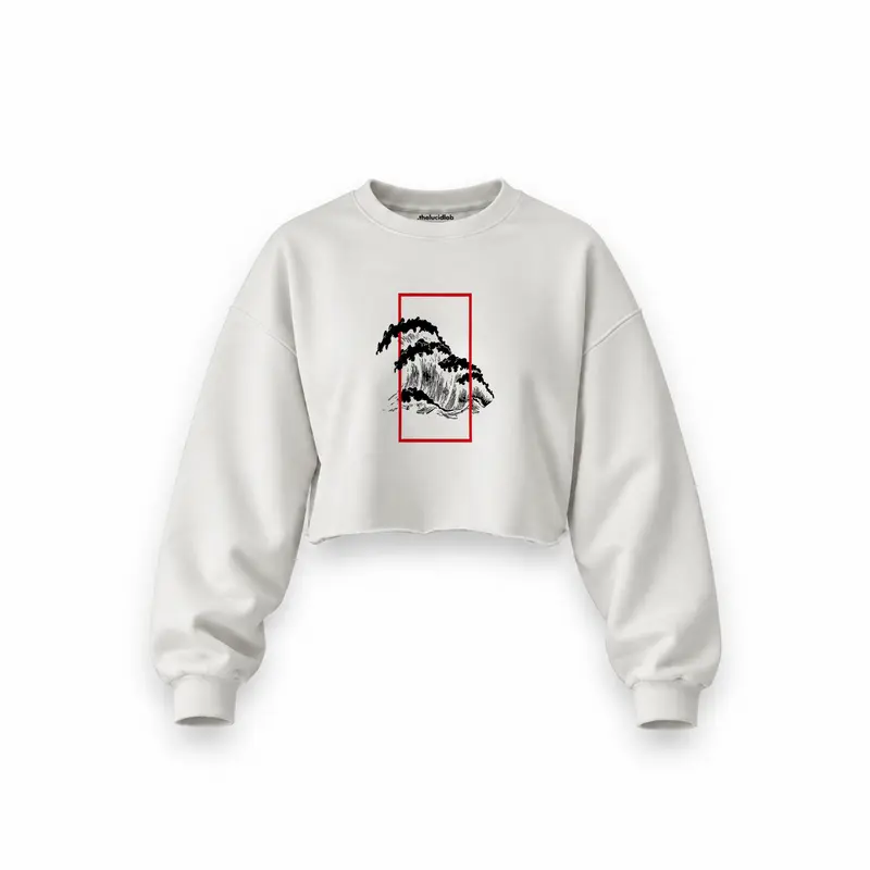 Perspektif Kanagawa Dalgası Oversize Crop Sweatshirt