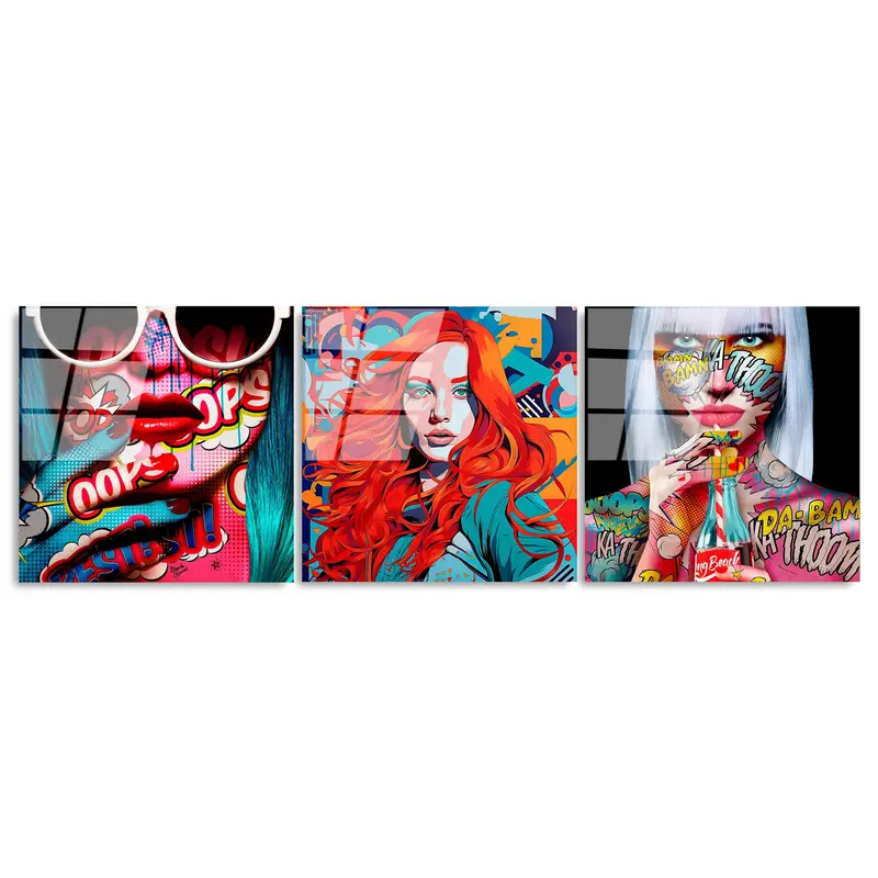 Pop Art Kadın Cesitlemeli Üçlü Set Cam Tablo - Kırmızı
