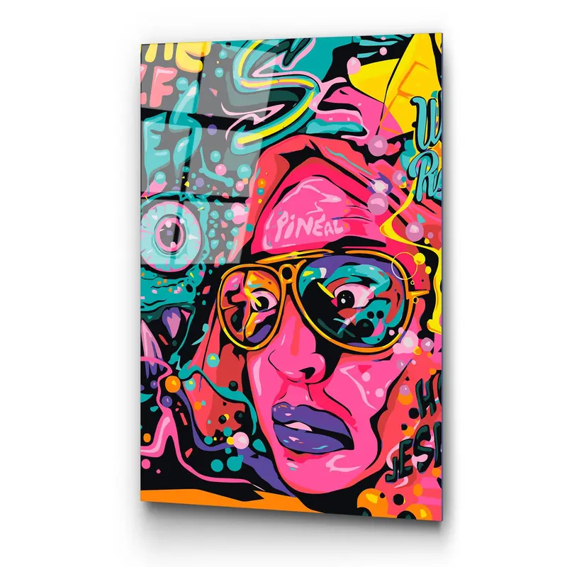 Pop Art Kadın Portre Cam Tablo - Pembe