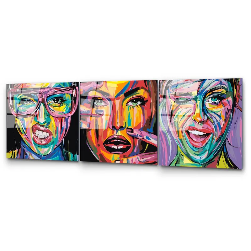 Pop Art Kadın Portre Üçlü Set Cam Tablo - Çok Renkli