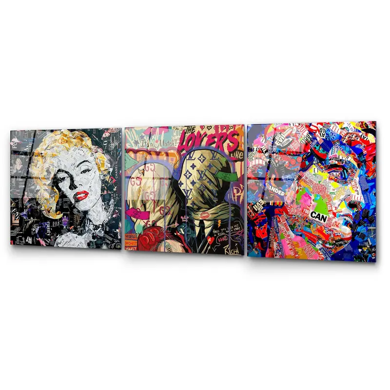 Pop Art Kolaj Portre Üçlü Set Cam Tablo - Çok Renkli