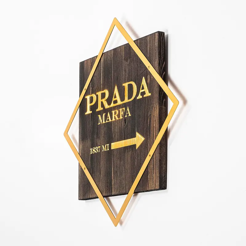 Prada Marfa Altın Çerçeveli Ahşap Metal Pano - Kahve