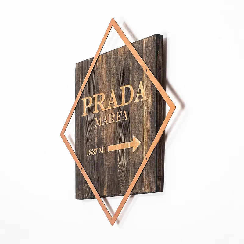 Prada Marfa Bakır Çerçeveli Ahşap Metal Pano - Kahve