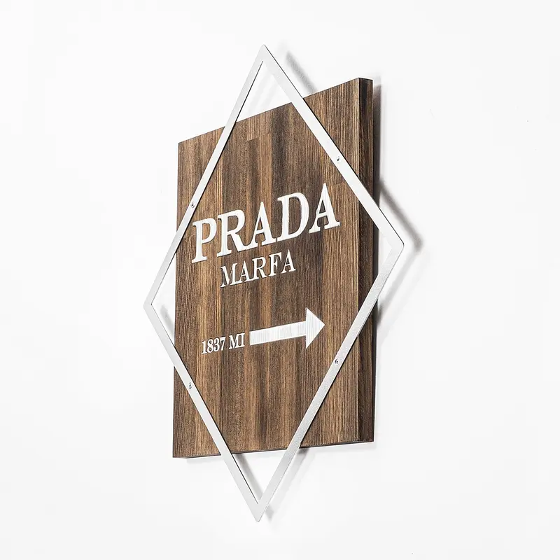 Prada Marfa Gümüş Çerçeveli Ahşap Metal Pano - Kahve