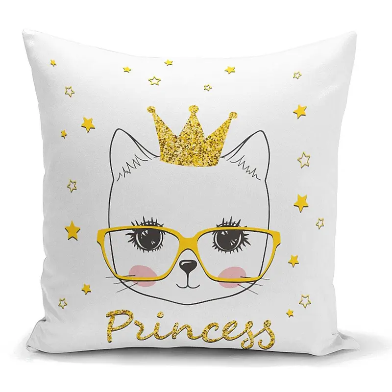 Princess Kedi Motifli Modern Dijital Baskılı Yastık Kılıfı 43x43cm