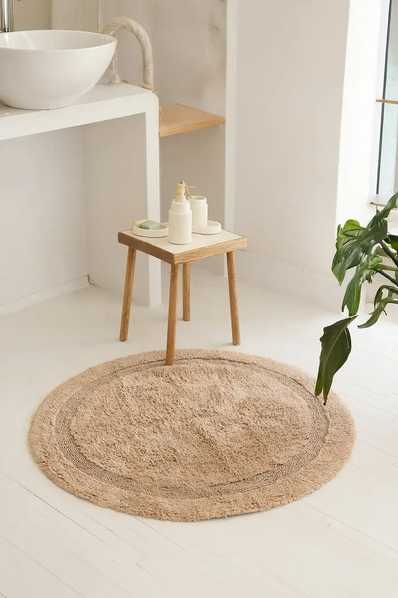 Puffed Yuvarlak Banyo Paspası %100 Pamuk 100x100 Bej