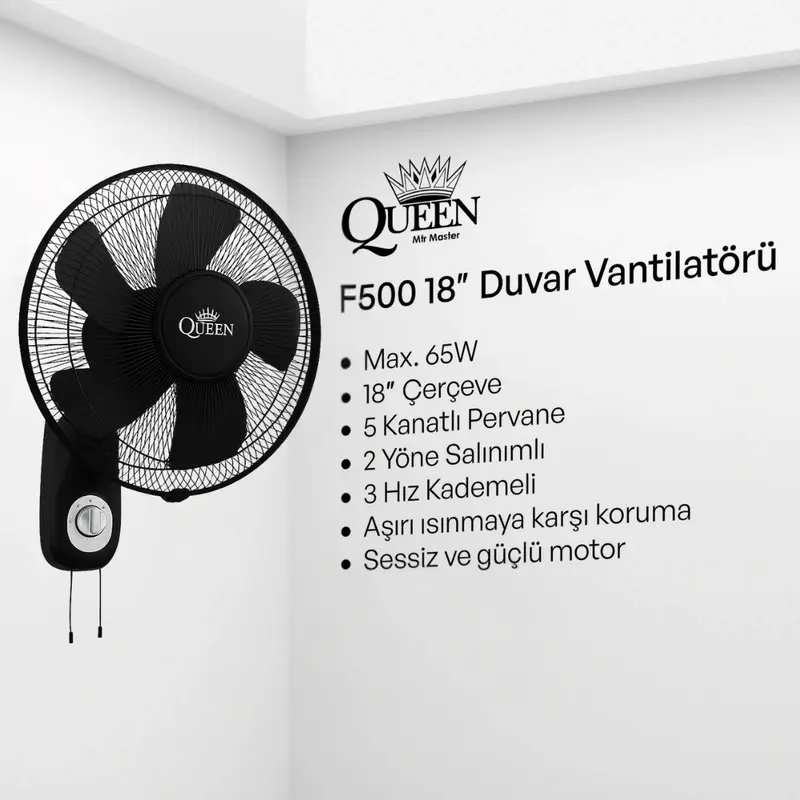 Queen 18'' 5 Kanatlı Sessiz Duvar Vantilatörü Siyah