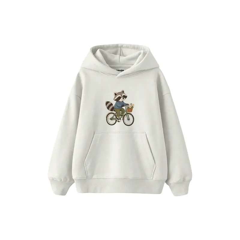 Raccoon Riding a Bicycle with Tiny Basket Çocuk Hoodie
