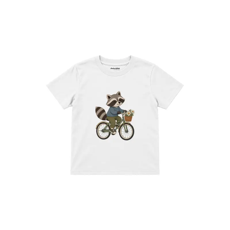 Raccoon Riding a Bicycle with Tiny Basket Çocuk Tişört