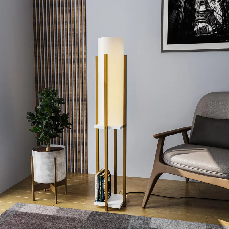Raflı Lambader Metal Beyaz Abajur - Altın