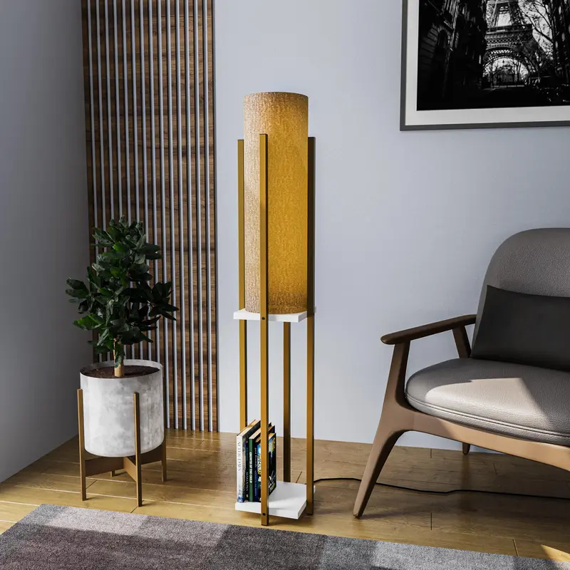 Raflı Lambader Metal Krem Abajur - Altın