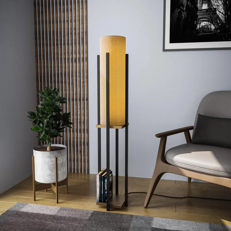 Raflı Lambader Metal Krem Abajur - Siyah